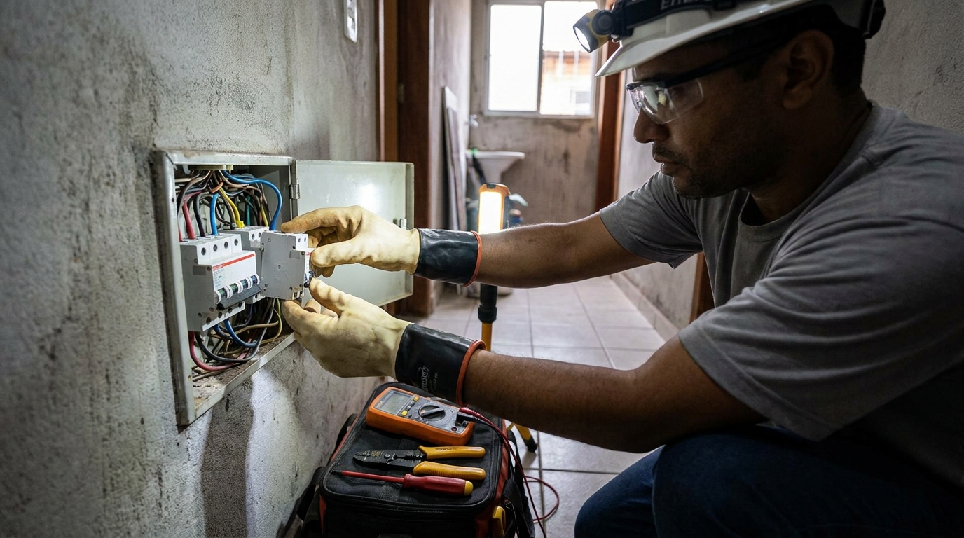 Eletricista comercial instalando disjuntor em Joinville‑SC